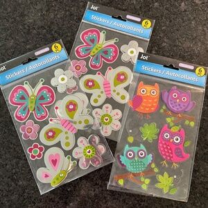 Bundle of 3 Packs Butterfly Flower Owl Dimensional Metallic Stickers